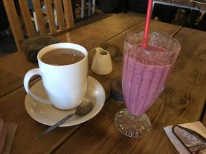 Coffee with soya and berry vegan yogurt smoothie  #Veganuary at Super Natural Newcastle in Newcastle Upon Tyne