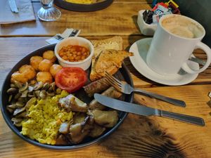 Lovely cafe, comfortable nice atmosphere friendly staff. Super all day breakfast was wonderfully tasty and filling. Large latte and banana smoothie. All excellent and good value.  at Super Natural Newcastle in Newcastle Upon Tyne