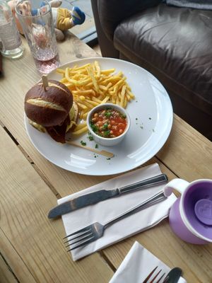 Breakfast Burger with Beans & chips. at Super Natural Newcastle in Newcastle Upon Tyne