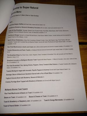 Extensive brunch menu at Super Natural Newcastle in Newcastle Upon Tyne