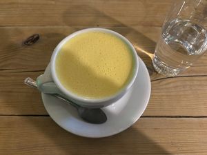 Amazing oat turmeric latte   at Super Natural Newcastle in Newcastle Upon Tyne