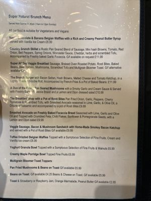 Brunch menu Dec 2024  at Super Natural Newcastle in Newcastle Upon Tyne