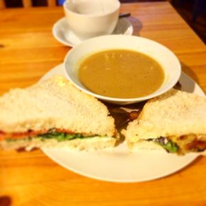 Soup and a sandwich- on the L is veganblt, on the R is posh chip butty at Super Natural Newcastle in Newcastle Upon Tyne