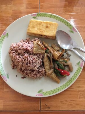 Rice with tofu and mushrooms/mock meat  at Phartom in Chiang Rai