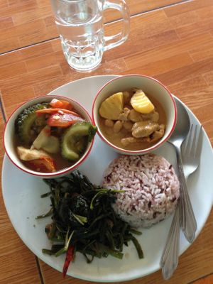 Bitter melon stew, Massuman Curry, and stir-fried greens at Phartom in Chiang Rai