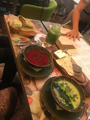 Spinach soup and borscht (vegan) gluten free flatbreads and quesadilla (vegetarian) at True in Odessa