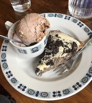 strawberry shortcake & mocha ice cream with a slice of warm Oreo cake  at Ice Shack in Manchester