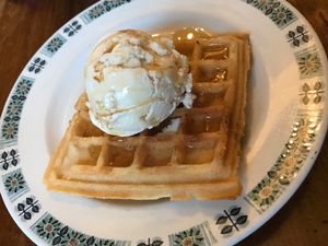 Gluten free waffle with salted caramel ice cream and maple syrup  at Ice Shack in Manchester