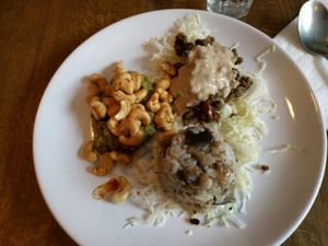 the non-vegan option made vegan. eggplant rice, lentil w vegan cheese, spiced cashews on guacamole. at Naturabsolu in Villeneuve-les-avignon