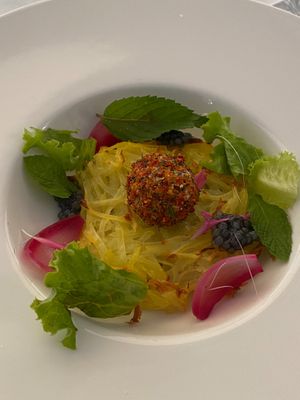 Greek potato 'salad' (potato roost with almond fresh cheese) at La Vimea - Vegan Hotel & Vegan Restaurant in Naturno