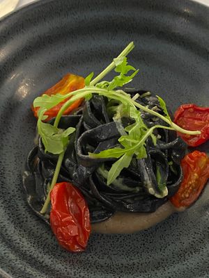 Spelt tagliatelle with smoked aubergine sauce  at La Vimea - Vegan Hotel & Vegan Restaurant in Naturno