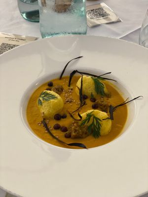 Yellow carrot cream soup, with smoked babaganush at La Vimea - Vegan Hotel & Vegan Restaurant in Naturno
