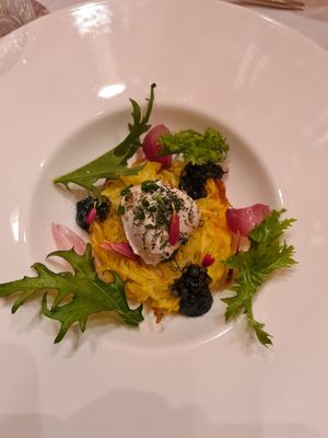 potato rösti, almond fermented fresh cheese, 
olive tapenade at La Vimea - Vegan Hotel & Vegan Restaurant in Naturno