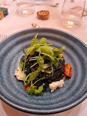 black tagliatelle 
-
smoked aubergine, courgette, confit tomatoes,
lemon ricotta at La Vimea - Vegan Hotel & Vegan Restaurant in Naturno
