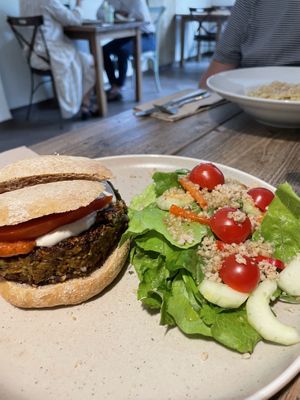 Vegan bean burger at Gioia Plant-Based Cuisine in Marbella