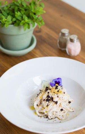 Cacio e Pepe (the raw food version of the famous pasta dish from Rome). Truly delicious! at Gioia Plant-Based Cuisine in Marbella