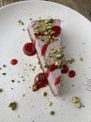 Strawberry cheesecake with pistachios   at Gioia Plant-Based Cuisine in Marbella