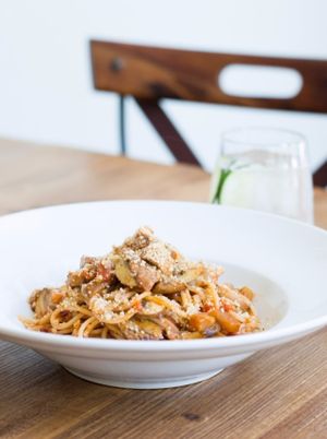 Brown Rice Spaghetti with Portobello Mushrooms, Tomato & Fresh Herbs at Gioia Plant-Based Cuisine in Marbella