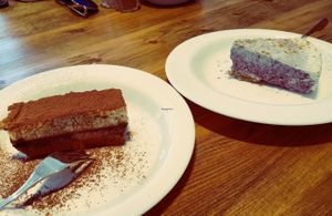 Some raw desserts "Raw Tiramisu" and raw "Blueberry cheesecake" at Gioia Plant-Based Cuisine in Marbella