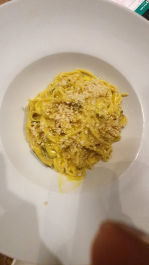 Carbonara spaghetti at Gioia Plant-Based Cuisine in Marbella