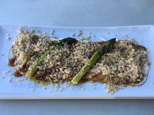 Portobello Carpaccio, Asparagus, Brazilnut Parmesan, Vinaigrette at Gioia Plant-Based Cuisine in Marbella