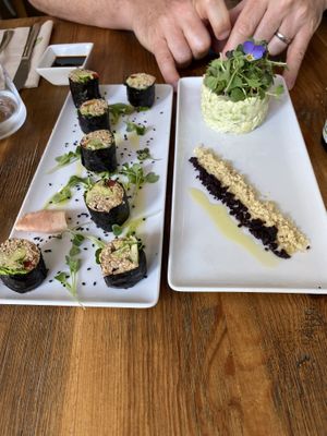 Vegan sushi and Avocado and zucchini tartar  at Gioia Plant-Based Cuisine in Marbella
