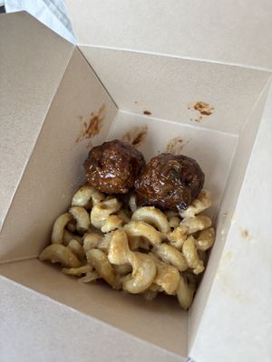 vegan mac and cheese and bbq meatballs from their Monday hot bar. very good!!  at GreenTree Cooperative Grocery in Mount Pleasant