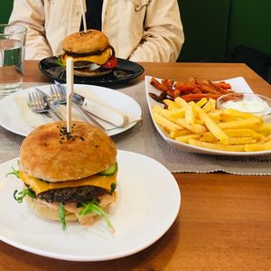 Smokey and fit burger + french fries at Elelem Etterem in Gyor