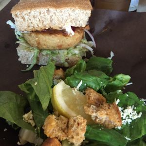 Thanksgiving Burger with Caesar salad at Boon Burger Cafe in Burlington