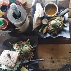 (Left) bacun cheeze burger with chili cheeze fries. (Right) soup of the day with chili cheeze fries.  at Boon Burger Cafe in Burlington