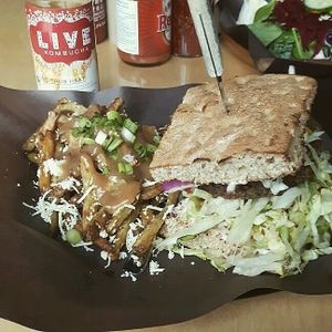 bacun cheeseburger and poutine at Boon Burger Cafe in Burlington