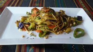 satay de vegetales mixtos en salsa de mani at Cafe Good in Banos