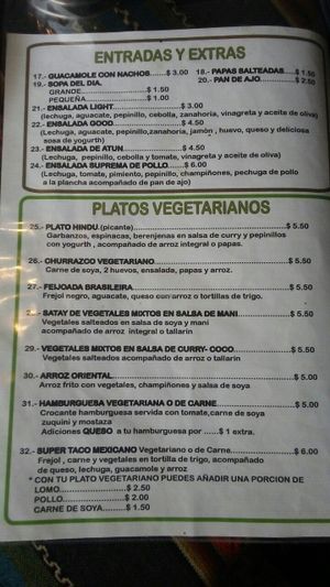 vegetarian menu at Cafe Good in Banos