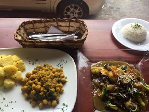 Chickpea curry and Thai curry  at Cafe Good in Banos