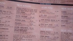 Sample of the Vegan section of their regular menu at The Niche in Irvine