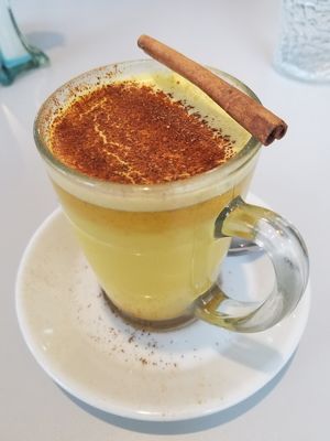 Turmeric almond milk latte at Cafe Louise in Rehovot