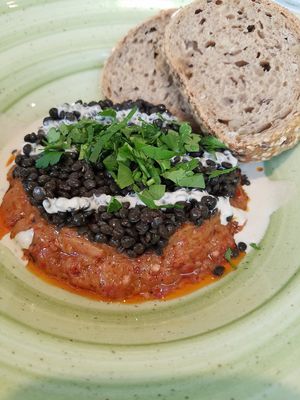 Appetizer black lentil and eggplant at Cafe Louise in Rehovot
