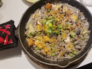 Vegan paella with mushrooms, peas, tofu, sweet potatoes, broccoli at Cafe Louise in Rehovot