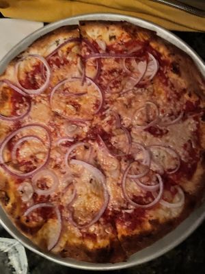 Vegan pizza with onions  at Ciao in Ithaca