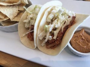 BBQ jackfruit tacos with chips and chili "cheese" dip (spicy - yum!) at Root in Wilmington