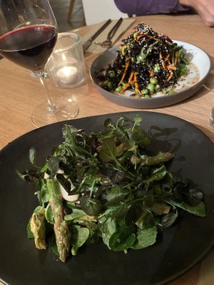 Asparagus, snow pea and artichoke salad. Seaweed salad in back at The Green Spot in Barcelona
