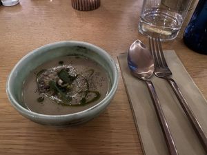 Jerusalem artichoke, sage, and chestnut cream soup  at The Green Spot in Barcelona