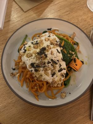Sweet potato tagliatelle with macadamia nut sauce and summer truffle V/GF 17.50€  at The Green Spot in Barcelona