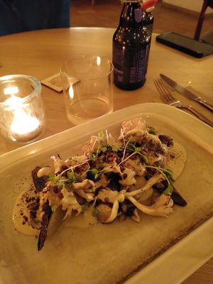 Local seasonal mushrooms with salsify, eggplant and miso sauce at The Green Spot in Barcelona