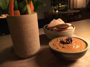 Red Pepper dip with pitta at The Green Spot in Barcelona