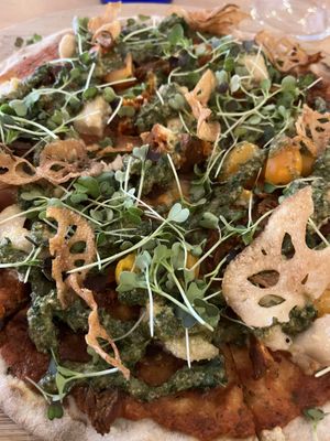 The gf vegan buckwheat pizza with homemade toppings. Delicious!!  at The Green Spot in Barcelona