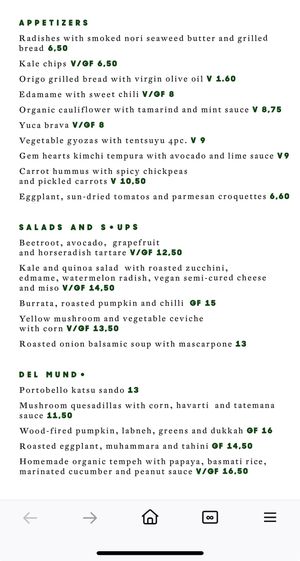 Part of the six-page menu   at The Green Spot in Barcelona