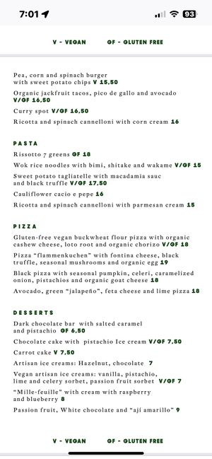 Part of the six-page menu   at The Green Spot in Barcelona