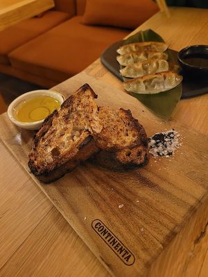 Starters. Look a bit burnt? Still tasted good, though. Gyozas were class. at The Green Spot in Barcelona