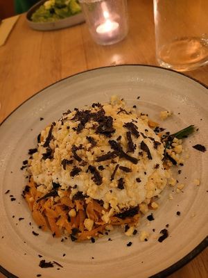 Vegan sweet potato pasta. Very interesting texture and great taste. at The Green Spot in Barcelona